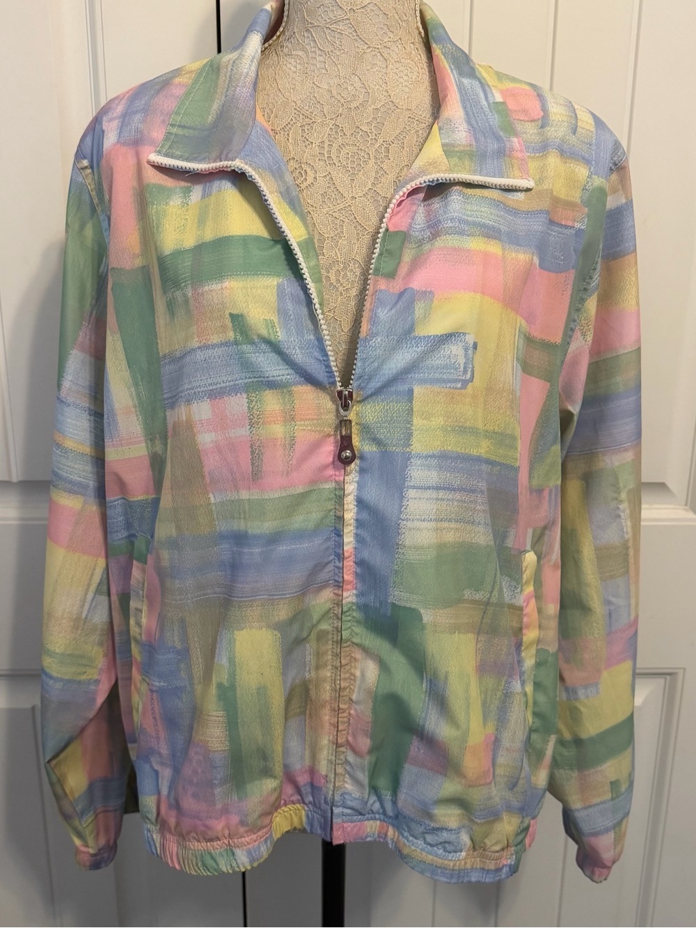 Vintage Koret Sport Pastel Brushstroke Zip Front Jacket Pockets Lightweight XL - Picture 2 of 7